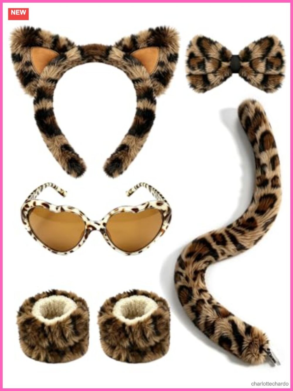 Plush Leopard Cheetah Costume Set Ears Tail Bow Tie Glasses Wristbands
